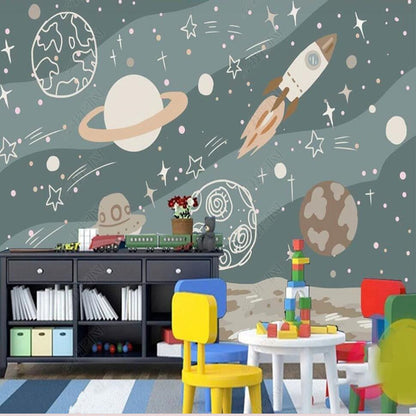 Original Cartoon Spaceship Universe Rocket Planets Wallpaper Wall Mural Home Decor