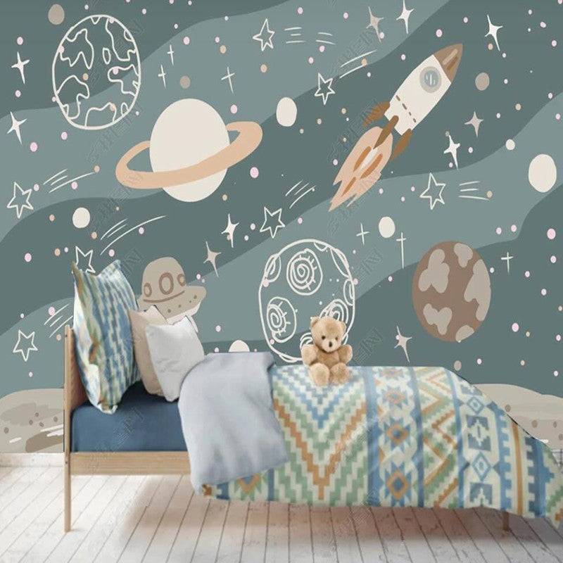 Original Cartoon Spaceship Universe Rocket Planets Wallpaper Wall Mural Home Decor