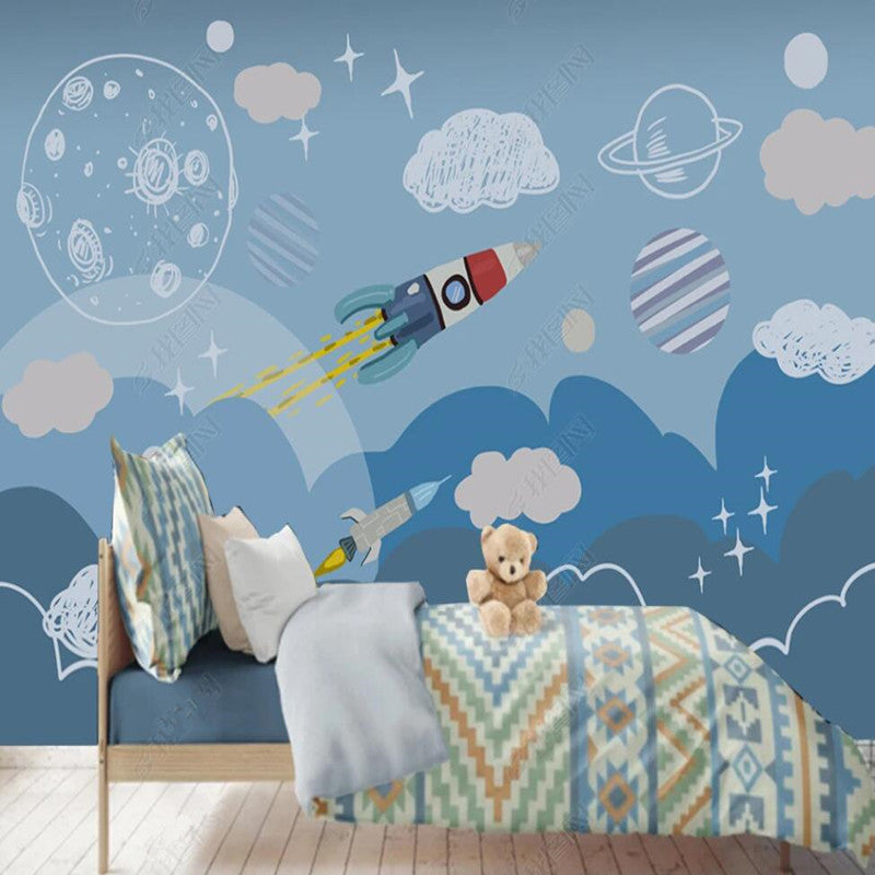 Cartoon Space Rocket Spacecraft Universe Rocket Planets Wallpaper Wall Mural Home Decor