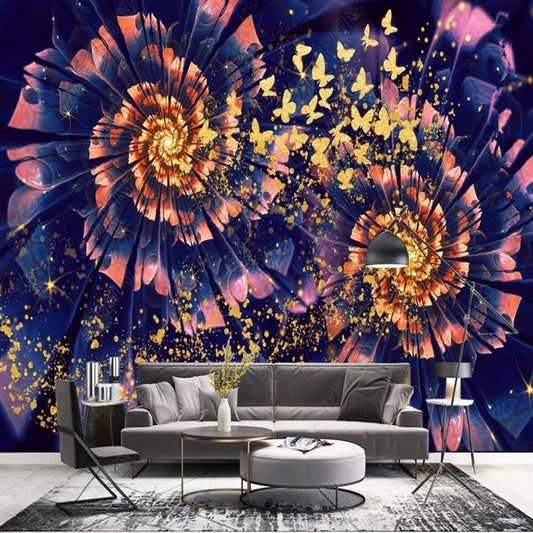 Original Modern Fantasy Golden Butterfly Abstract Flowers Floral Wallpaper Wall Mural