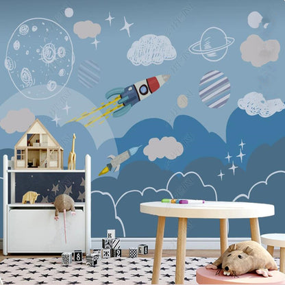 Cartoon Space Rocket Spacecraft Universe Rocket Planets Wallpaper Wall Mural Home Decor