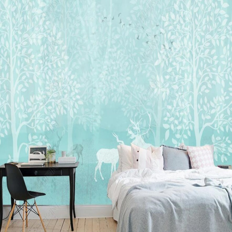 Blue Background White Trees Forest Wallpaper Wall Mural Wall Covering