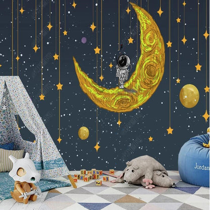 Cartoon Space Stars Moon Astronaut Wallpaper Wall Mural Home Decor