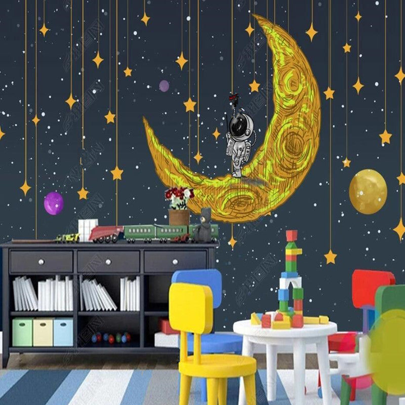 Cartoon Space Stars Moon Astronaut Wallpaper Wall Mural Home Decor