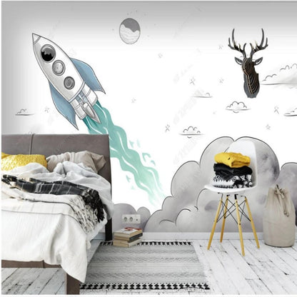 Cartoon Rocket Space Nursery Wallpaper Wall Mural Wall Covering