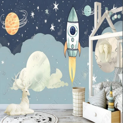 Cartoon Rocket Space Clouds Nursery Wallpaper Wall Mural Wall Covering