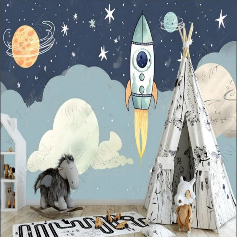 Cartoon Rocket Space Clouds Nursery Wallpaper Wall Mural Wall Covering