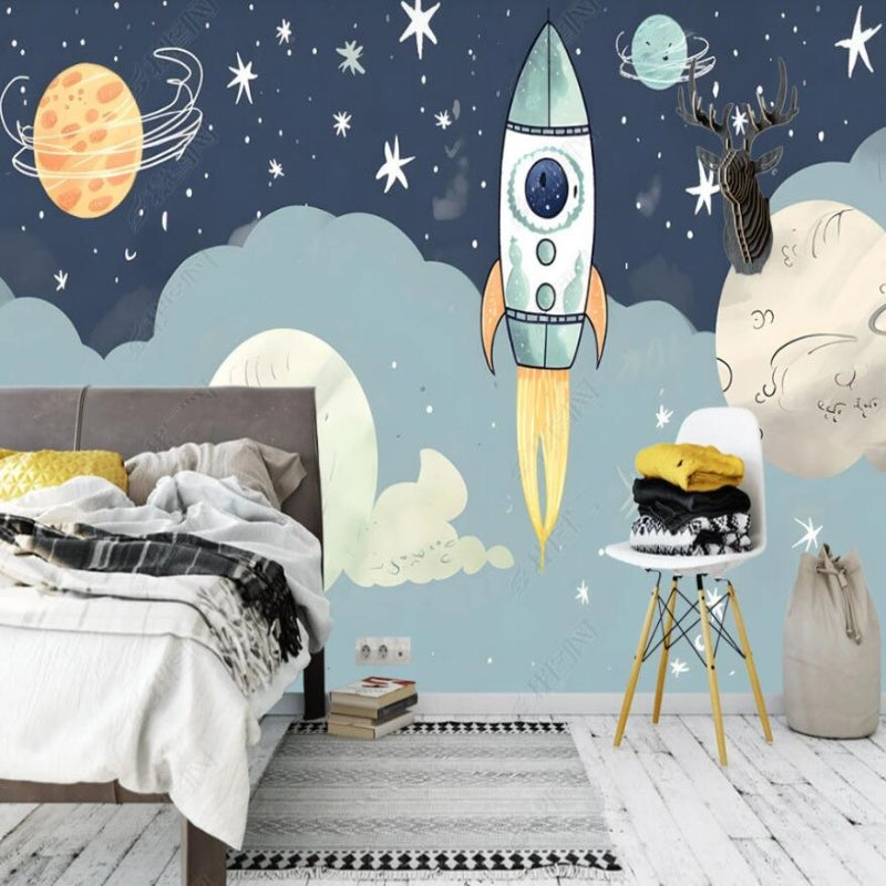 Cartoon Rocket Space Clouds Nursery Wallpaper Wall Mural Wall Covering