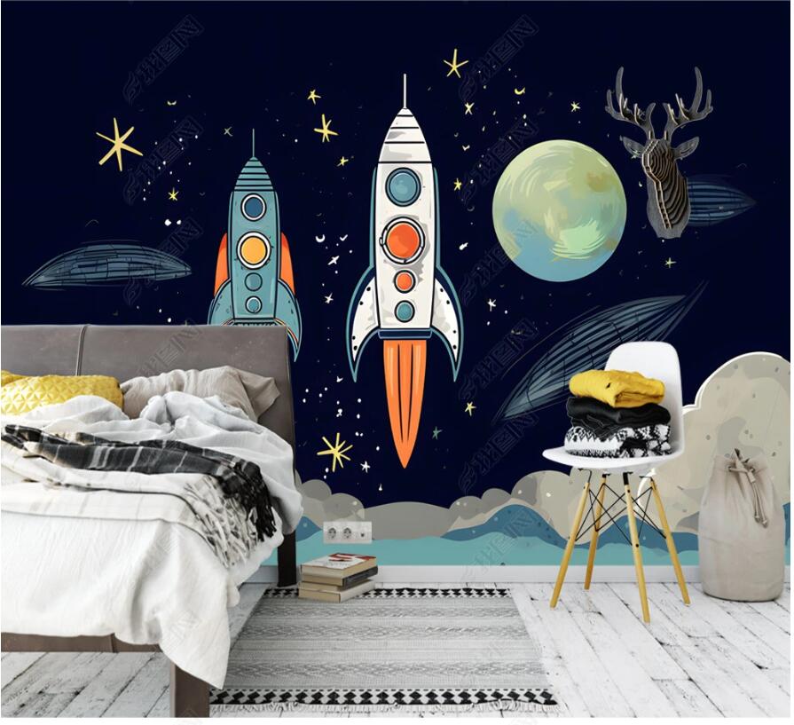 Cartoon Rocket Space Clouds Nursery Wallpaper Wall Mural Wall Covering