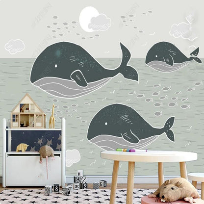 Cartoon Whales Undersea Nursery Wallpaper Wall Mural Wall Covering