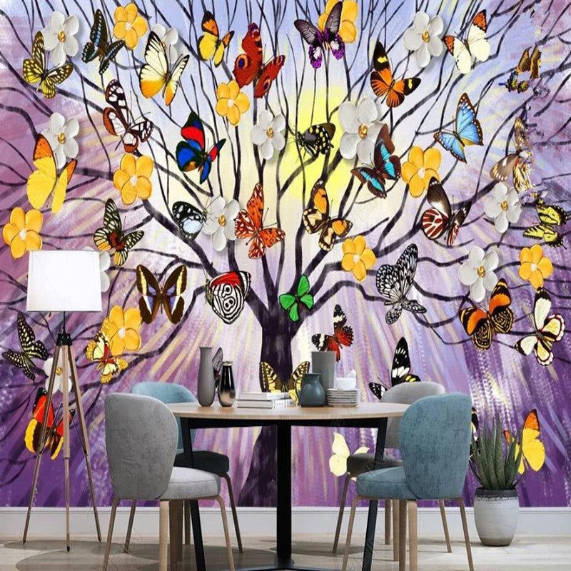 Flowers Butterflies Tree Painting Nursery Wallpaper Wall Mural