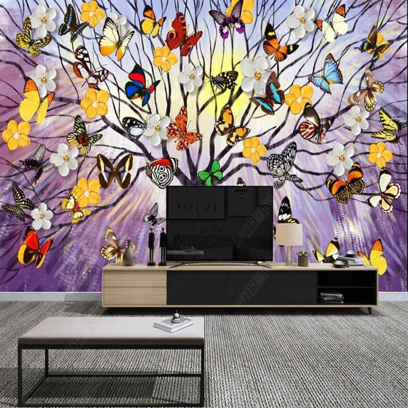 Flowers Butterflies Tree Painting Nursery Wallpaper Wall Mural