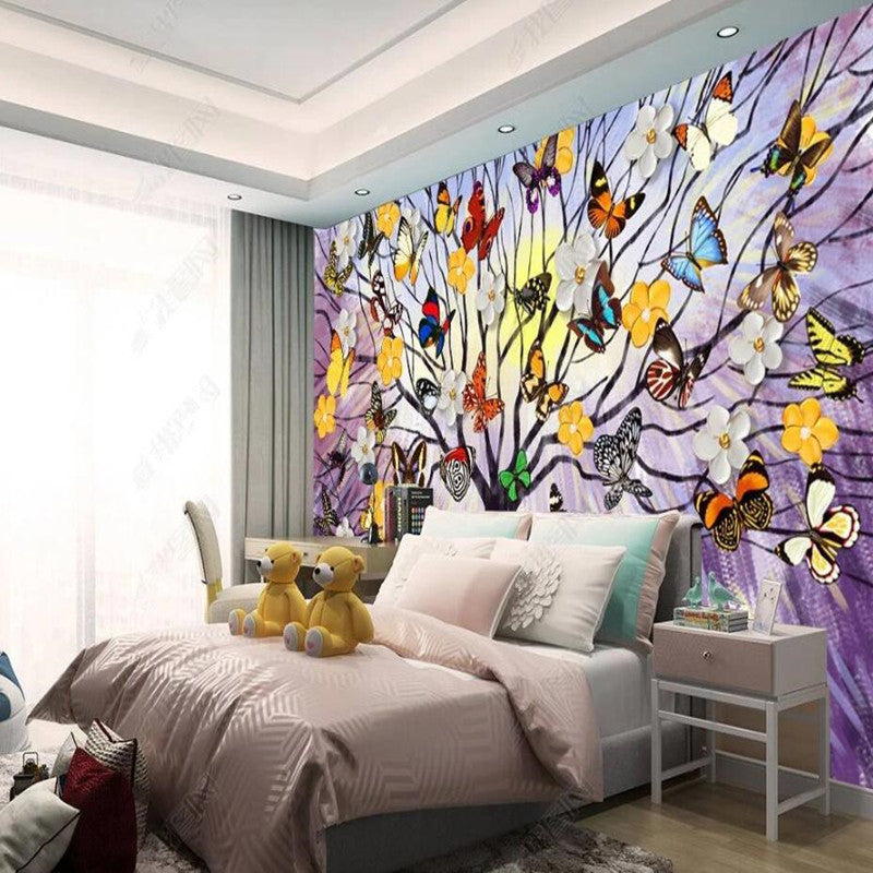 Flowers Butterflies Tree Painting Nursery Wallpaper Wall Mural