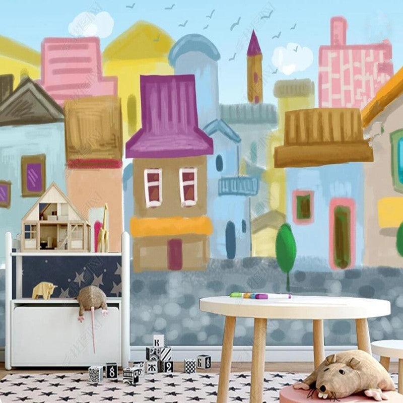 Abstract Watercolor Cartoon Houses Nursery Wallpaper Wall Mural Wall Covering