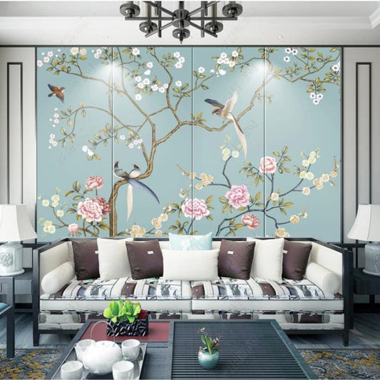 Chinoiserie Brushwork Vine Peony Flowers Floral Wallpaper Wall Mural Wall Covering