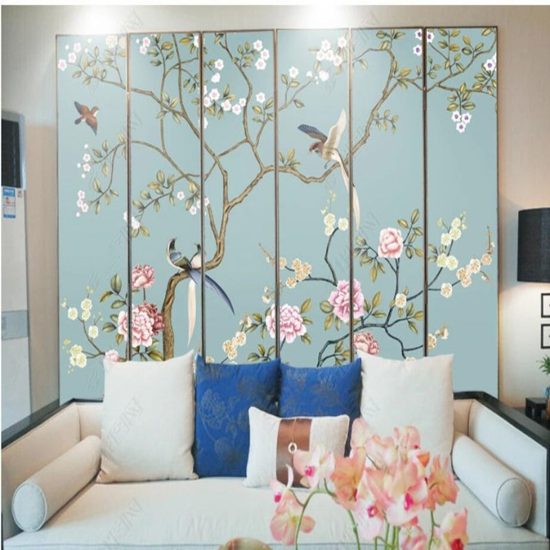 Chinoiserie Brushwork Vine Peony Flowers Floral Wallpaper Wall Mural Wall Covering