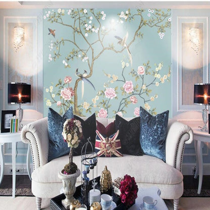 Chinoiserie Brushwork Vine Peony Flowers Floral Wallpaper Wall Mural Wall Covering