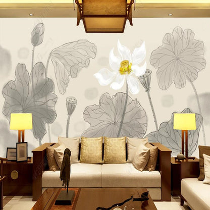 Ink Lotus Flowers Floral Wallpaper Wall Mural Wall Covering