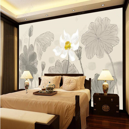 Ink Lotus Flowers Floral Wallpaper Wall Mural Wall Covering