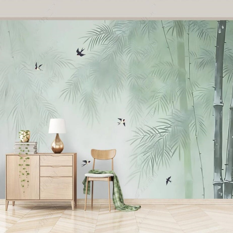 Chinoiserie Brushwork Bamboo with Flying Birds Wallpaper Wall Mural Wall Covering