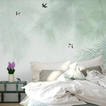 Chinoiserie Brushwork Bamboo with Flying Birds Wallpaper Wall Mural Wall Covering