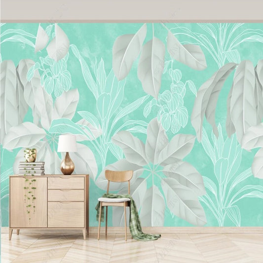 Tropical Leaves and Plants Blue Background Wallpaper Wall Mural Wall Covering