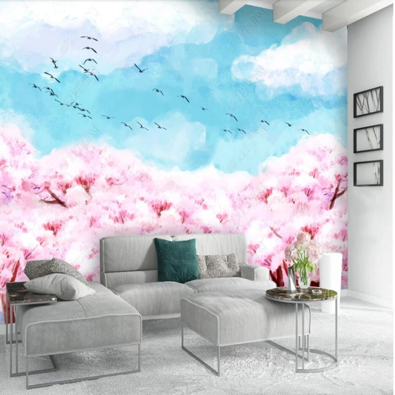 Pink Tree Flowers with Sky Blue Nature Landscape Wallpaper Wall Mural Wall Covering