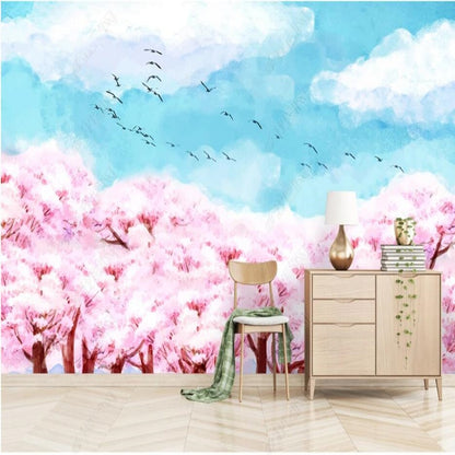 Pink Tree Flowers with Sky Blue Nature Landscape Wallpaper Wall Mural Wall Covering