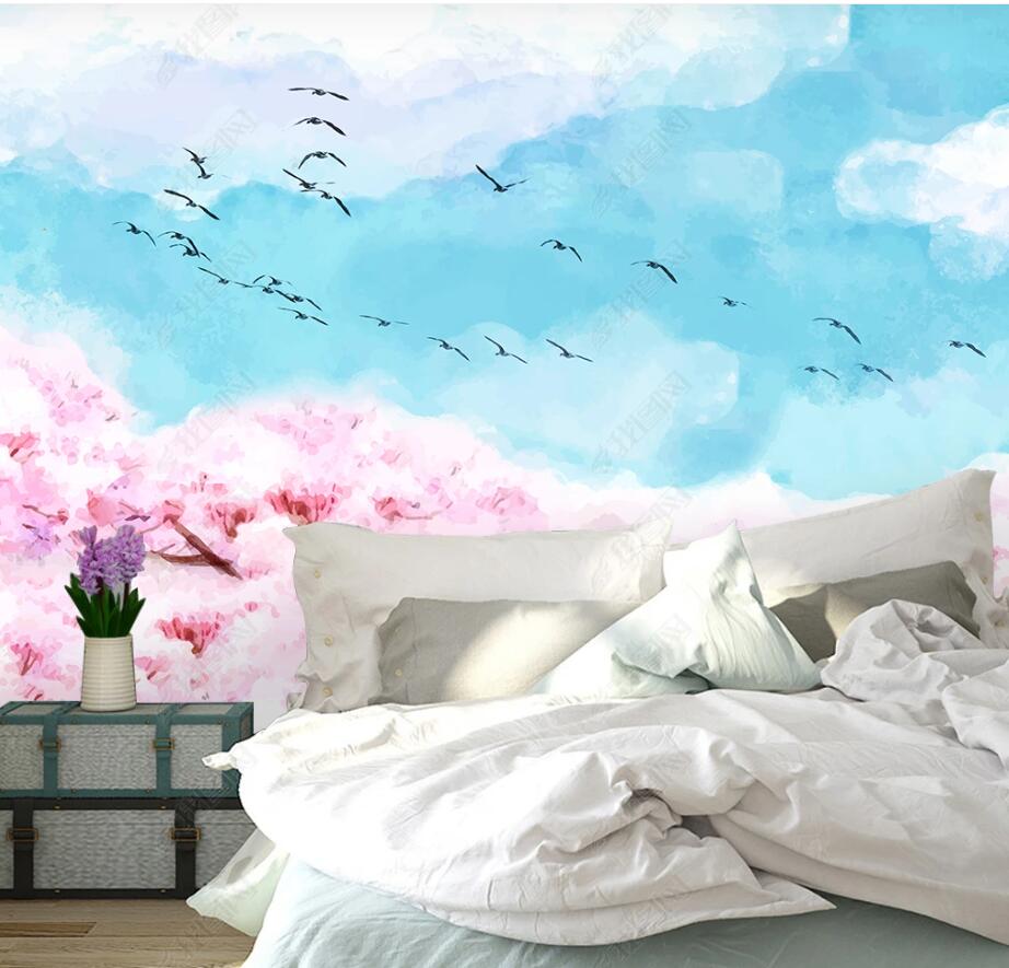 Pink Tree Flowers with Sky Blue Nature Landscape Wallpaper Wall Mural Wall Covering