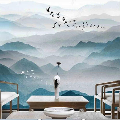 Ombre Blue Green Mountains Landscape Wallpaper Wall Mural Wall Decor