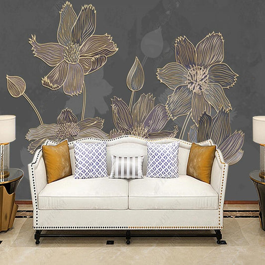 Dark Color Golden Lines Flowers Floral Wallpaper Wall Mural Wall Covering