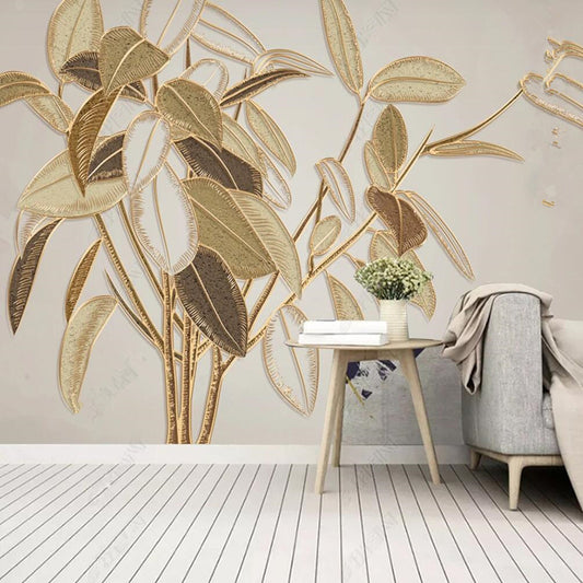 Vintage Gold Leaves Plants Wallpaper Wall Mural Home Decor