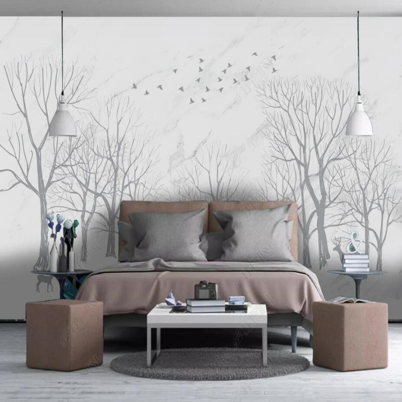 Grey Tree Forest with Flying Birds Wallpaper Wall Mural Home Decor