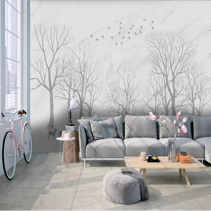 Grey Tree Forest with Flying Birds Wallpaper Wall Mural Home Decor