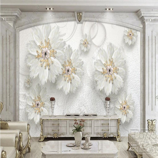 3D White Jewelry Flowers Floral Wallpaper Wall Mural Home Decor