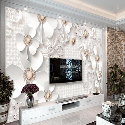 3D White Flowers Floral Wallpaper Wall Mural Home Decor