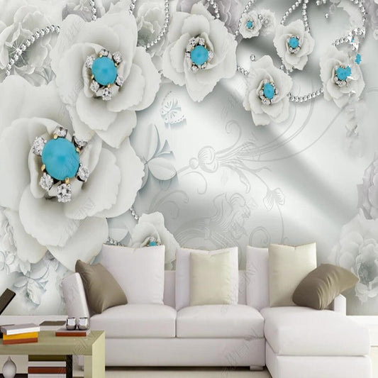 3D White Jewelry Flowers Floral Wallpaper Wall Mural Home Decor