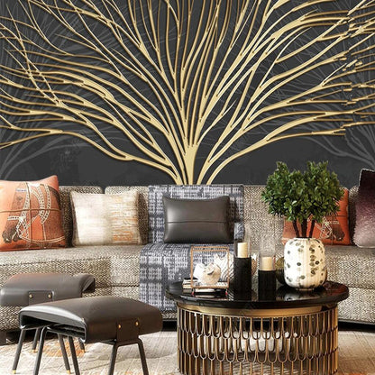 Dark Background Golden Lines Tree Wallpaper Wall Mural Home Decor