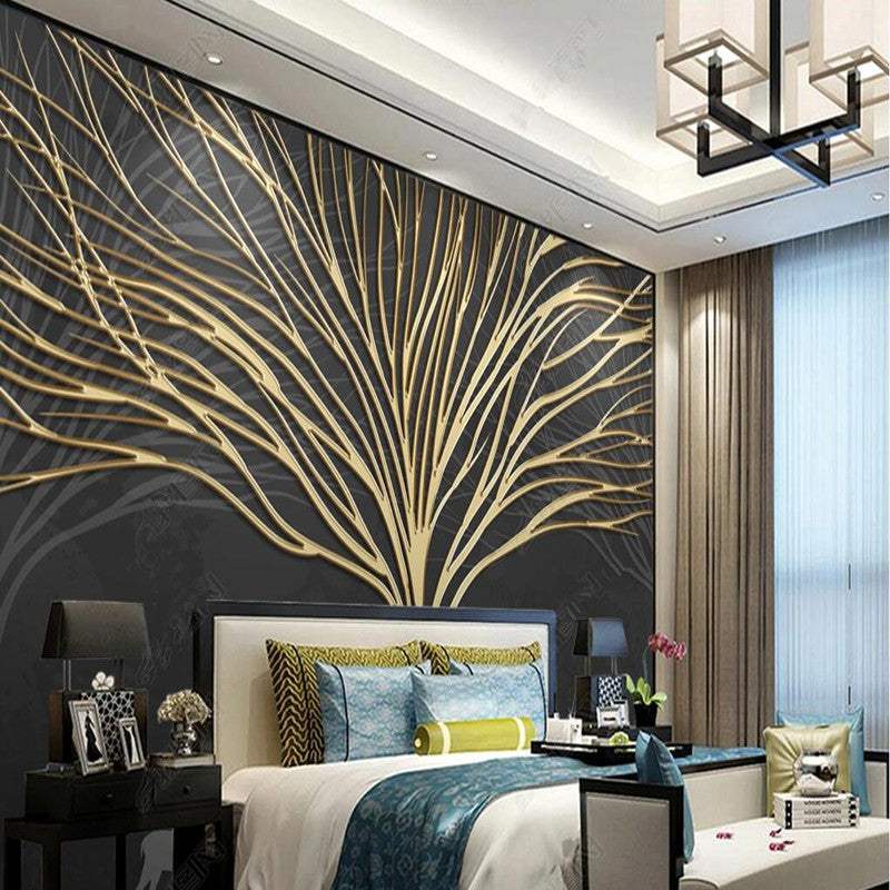 Dark Background Golden Lines Tree Wallpaper Wall Mural Home Decor