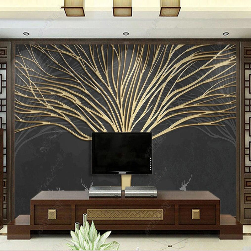 Dark Background Golden Lines Tree Wallpaper Wall Mural Home Decor