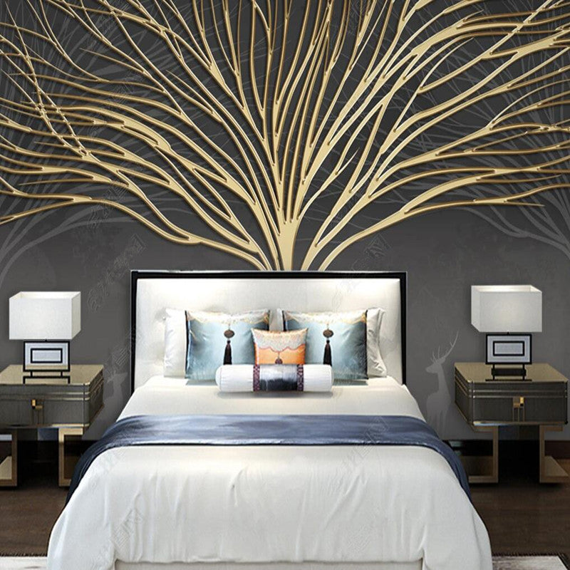 Dark Background Golden Lines Tree Wallpaper Wall Mural Home Decor