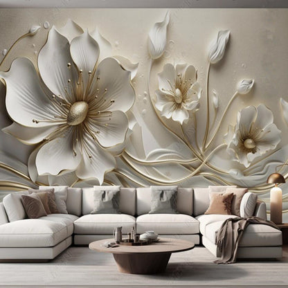 3D White Flowers Blossom Floral Wallpaper Wall Mural Home Decor