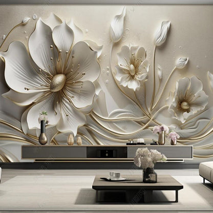 3D White Flowers Blossom Floral Wallpaper Wall Mural Home Decor