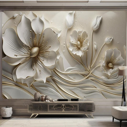 3D White Flowers Blossom Floral Wallpaper Wall Mural Home Decor