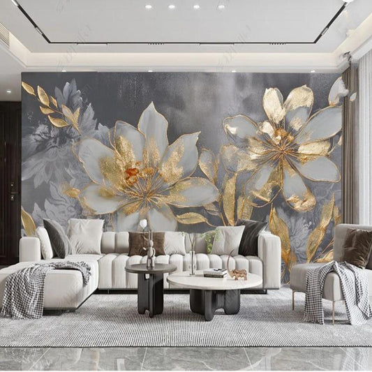 Creative Golden Gray Flowers Floral Wallpaper Wall Mural Wall Covering