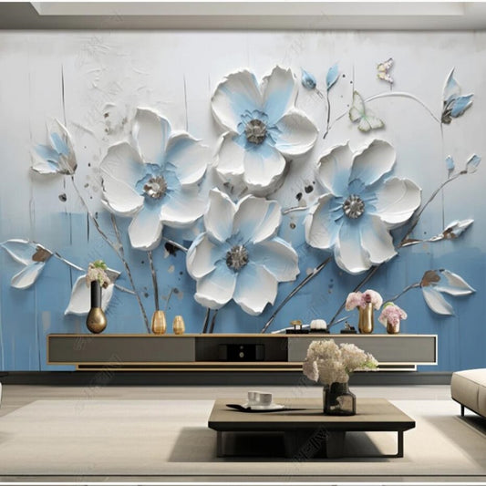 White Flowers Blossom Floral Blue Background Wallpaper Wall Mural Home Decor