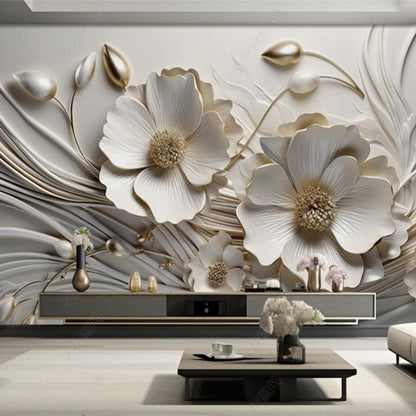 3D White Flowers Blossom Floral Wallpaper Wall Mural Home Decor