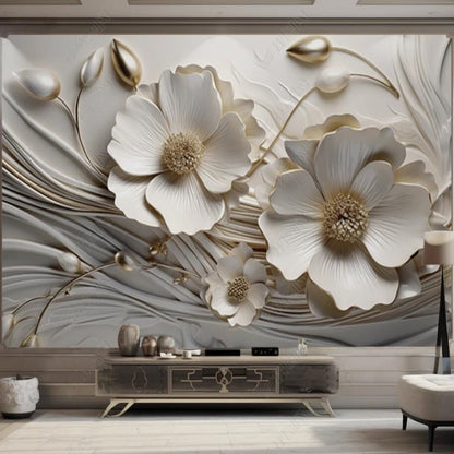 3D White Flowers Blossom Floral Wallpaper Wall Mural Home Decor