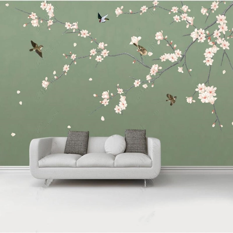 Chinoiserie Brushwork Green Background Cherry Blossom with Birds Wallpaper Wall Mural Home Decor