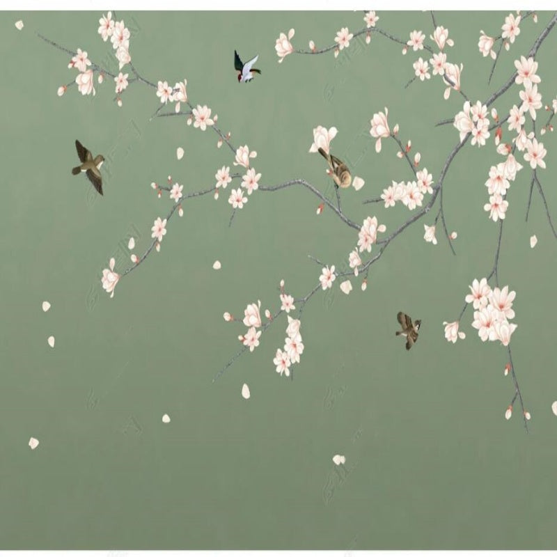 Chinoiserie Brushwork Green Background Cherry Blossom with Birds Wallpaper Wall Mural Home Decor